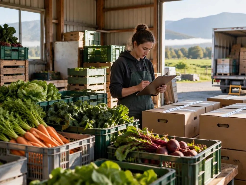 A seasonal produce supplier checking a clipboard beside crates and packed boxes