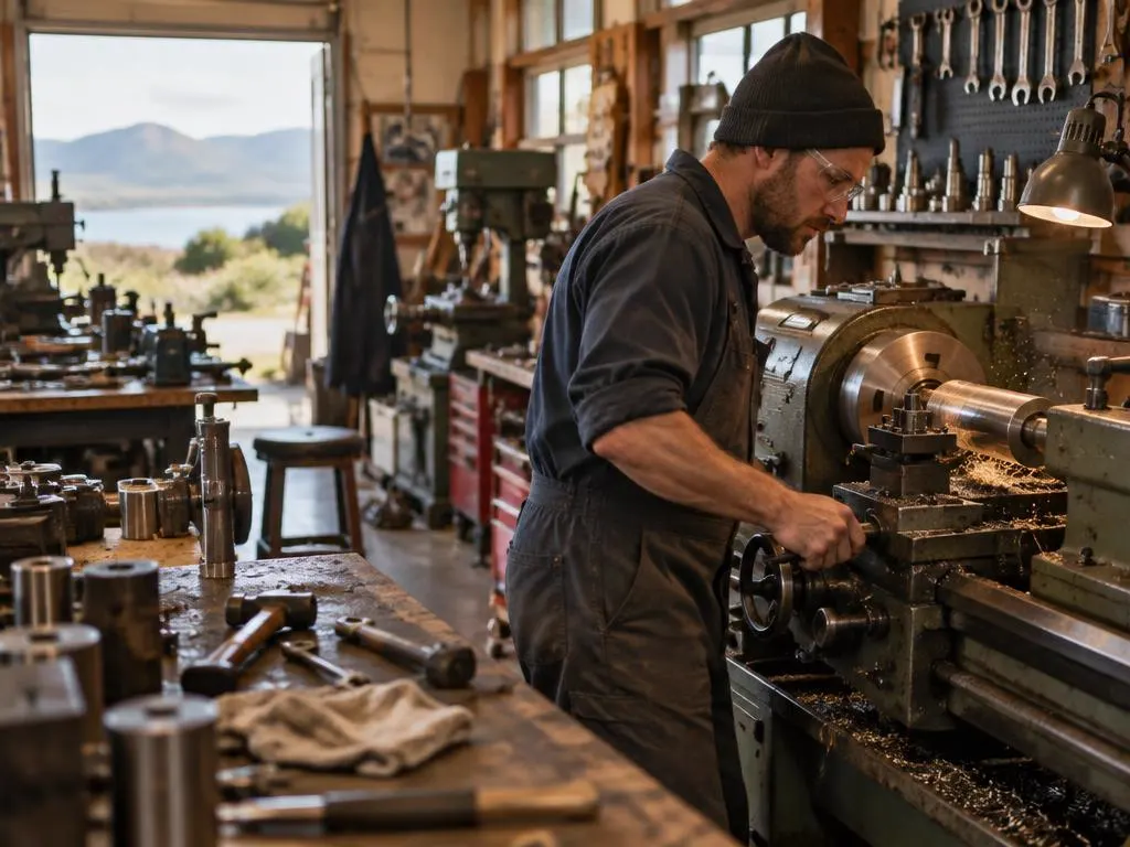 A machinist working at a lathe in a busy small workshop