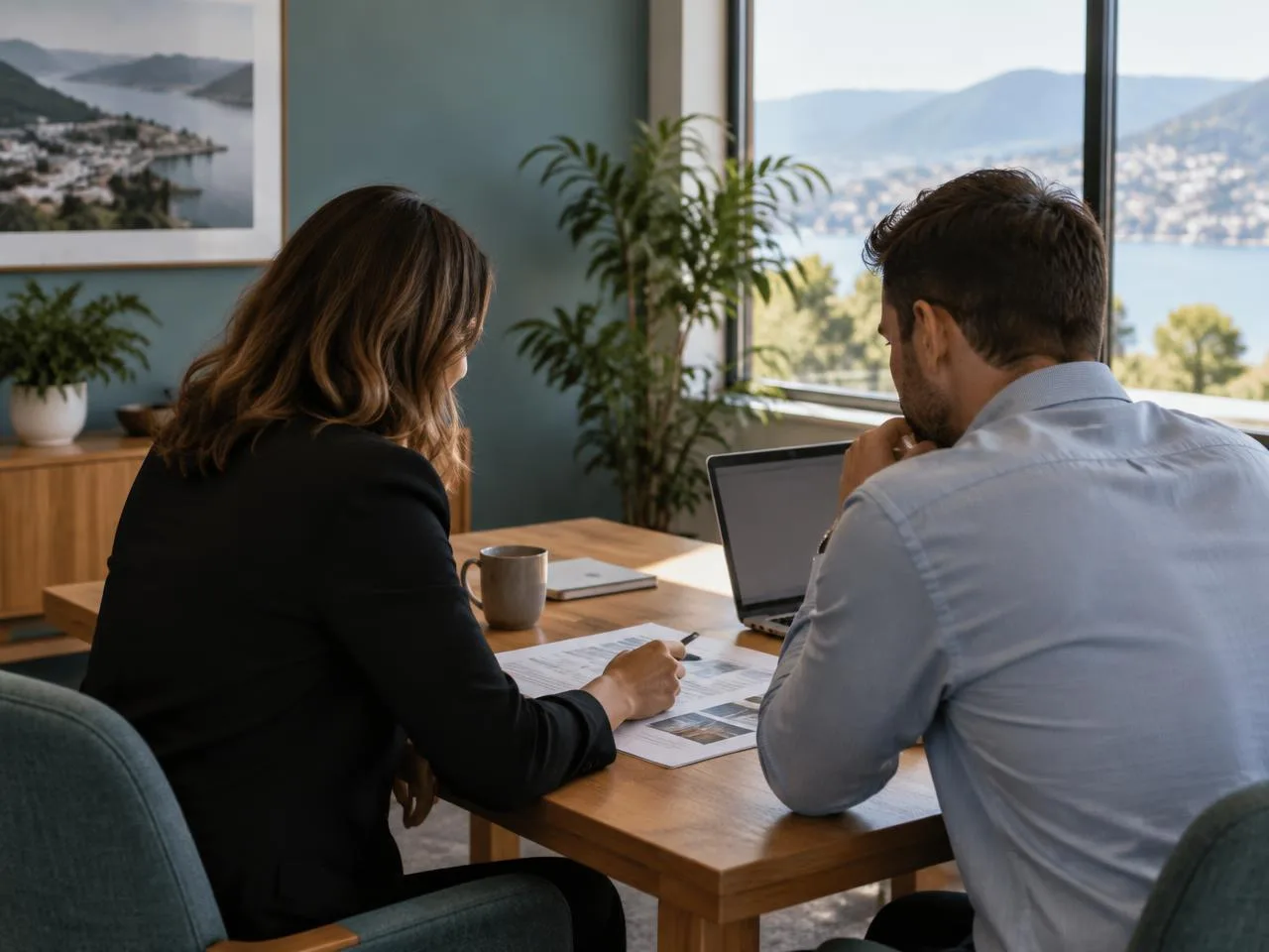 Two lending professionals reviewing deal documents together at a table